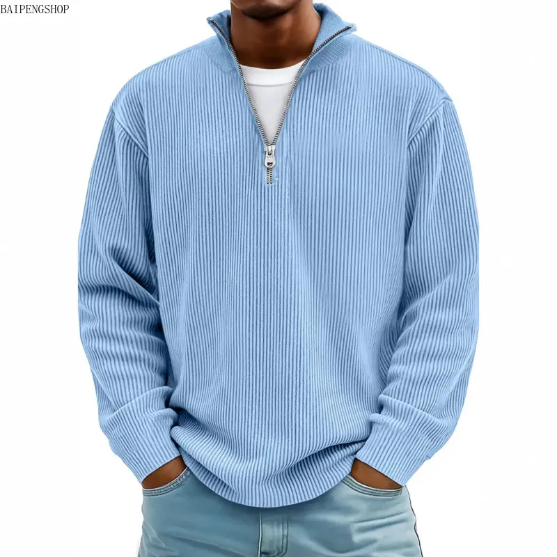 2026 Men's Slim Fit Quarter-Zip Mock Neck Polyester Knit Pullover Sweater - Menswear Basic Long-Sleeve Lightweight Soft Top, Versatile Casual Layering Outdoor Wear for Autumn Winter Daily Use