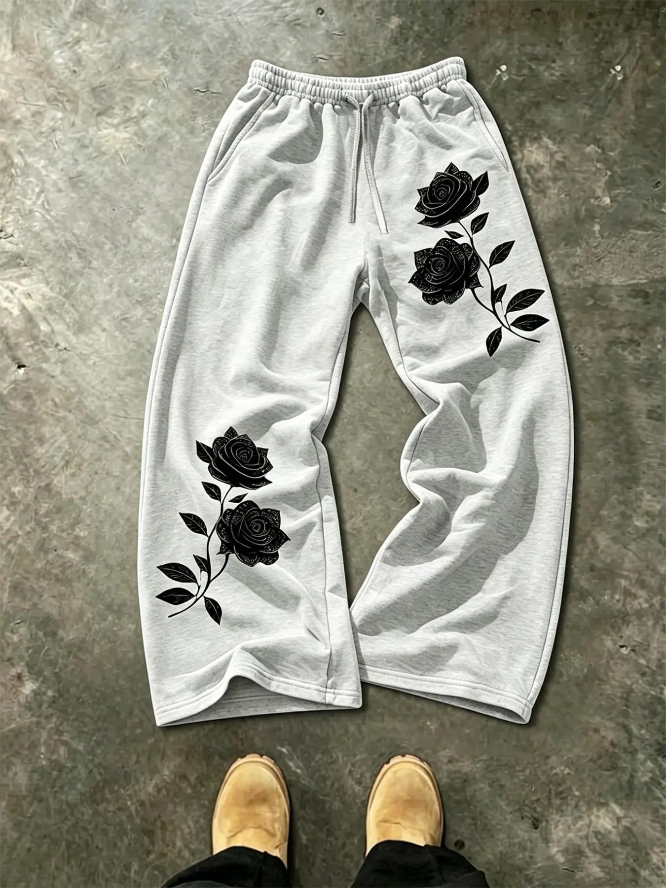 Unisex Light Heather Grey Asymmetric Black Rose Print Wide Leg Sweatpants Neo-Romantic Goth Elastic Waist Streetwear Casual Pants