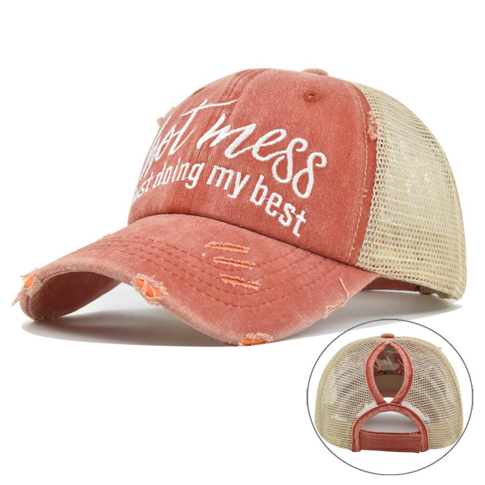 Ponytail hat with embroidery, European and American trendy cap, open-top baseball cap, ponytail cap, distressed baseball cap, versatile sun hat