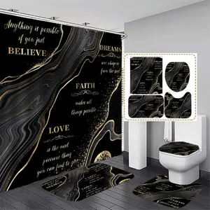 1/4PCS Letter & Black Marble Pattern Summer Bathroom Restroom Set – Includes Non-Slip Bath Mat, Toilet Lid Mat, U-Shaped Commode Contour Rug & Waterproof Shower Curtain with Hooks, Home Goods