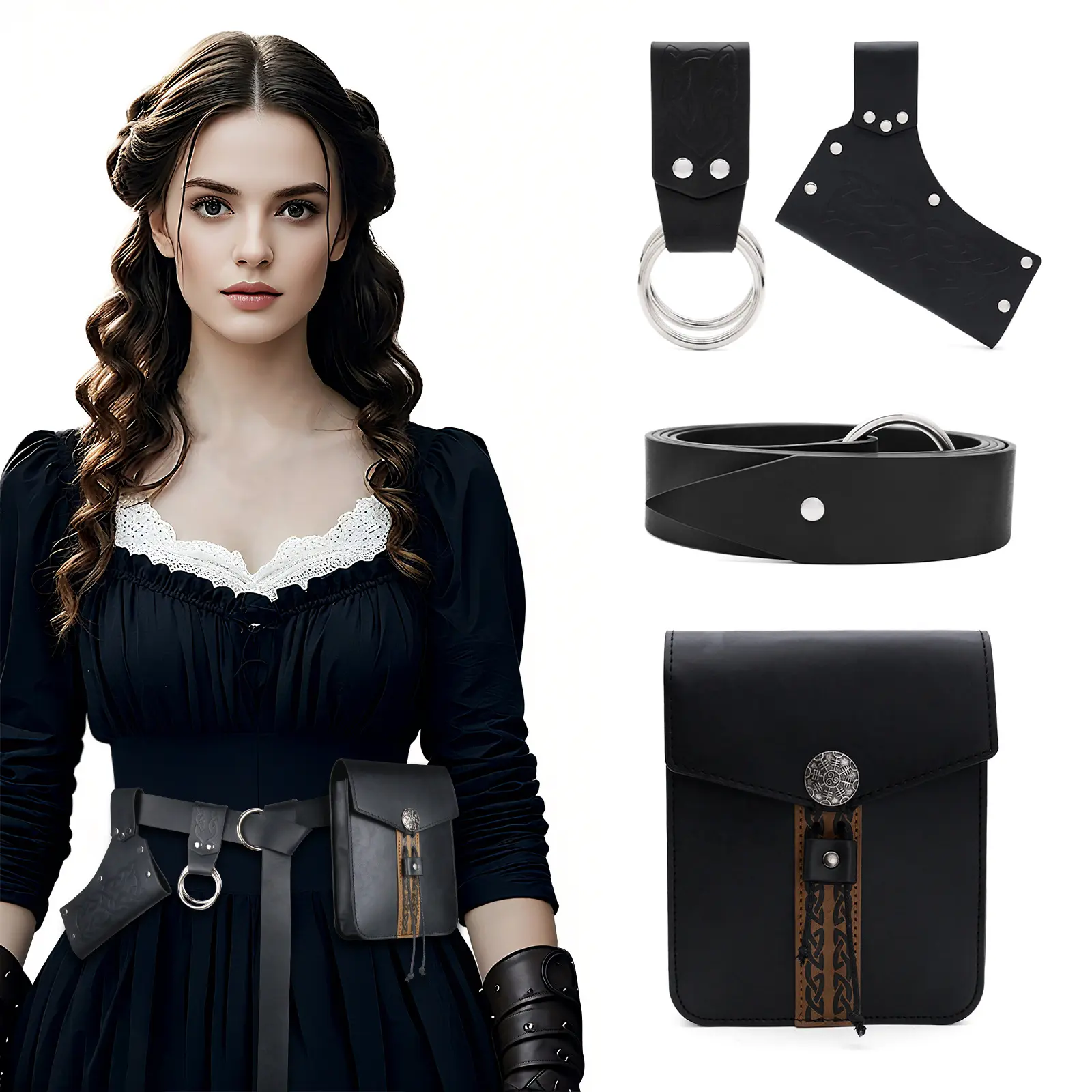 Adjustable Black Medieval Viking Leather Belt Set with Smooth Silver Frog, Pouch, Double-Ring Hanger, Gothic Sorcerer LARP Cosplay Bag & Vintage Renaissance Faire Costume Accessories (Sports & Outdoor Ball Sports American Football Gear), Fit