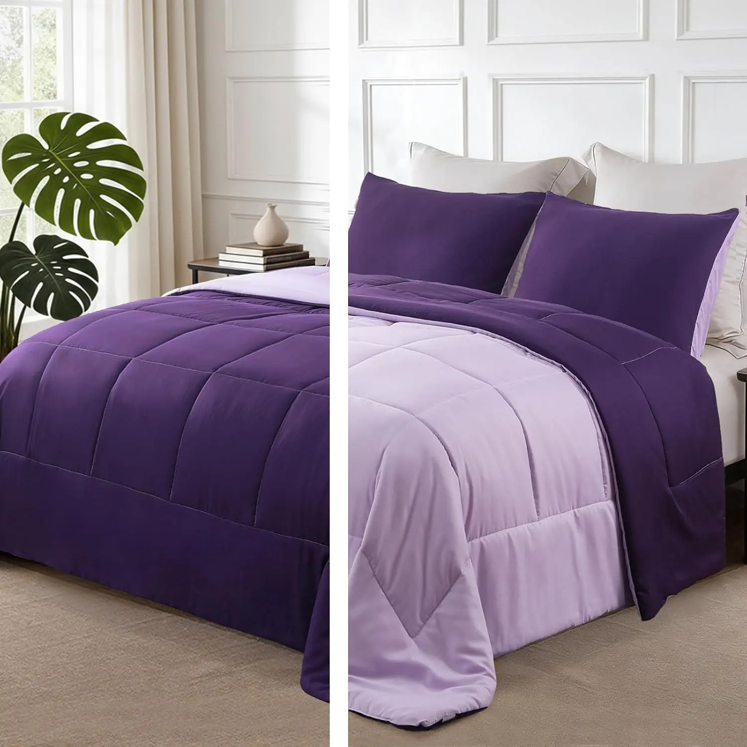 Reversible Soft Twin Comforter Set, 2 Pieces |   Deep Purple/ Lightweight Microfiber Down Alternative Comforters, All-Season Bedding with 1 Pillow Sham