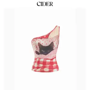 Cider Cotton-blend Asymmetrical Neck Cat Graphic Gingham Tank Top SummerWins Dealsforyou