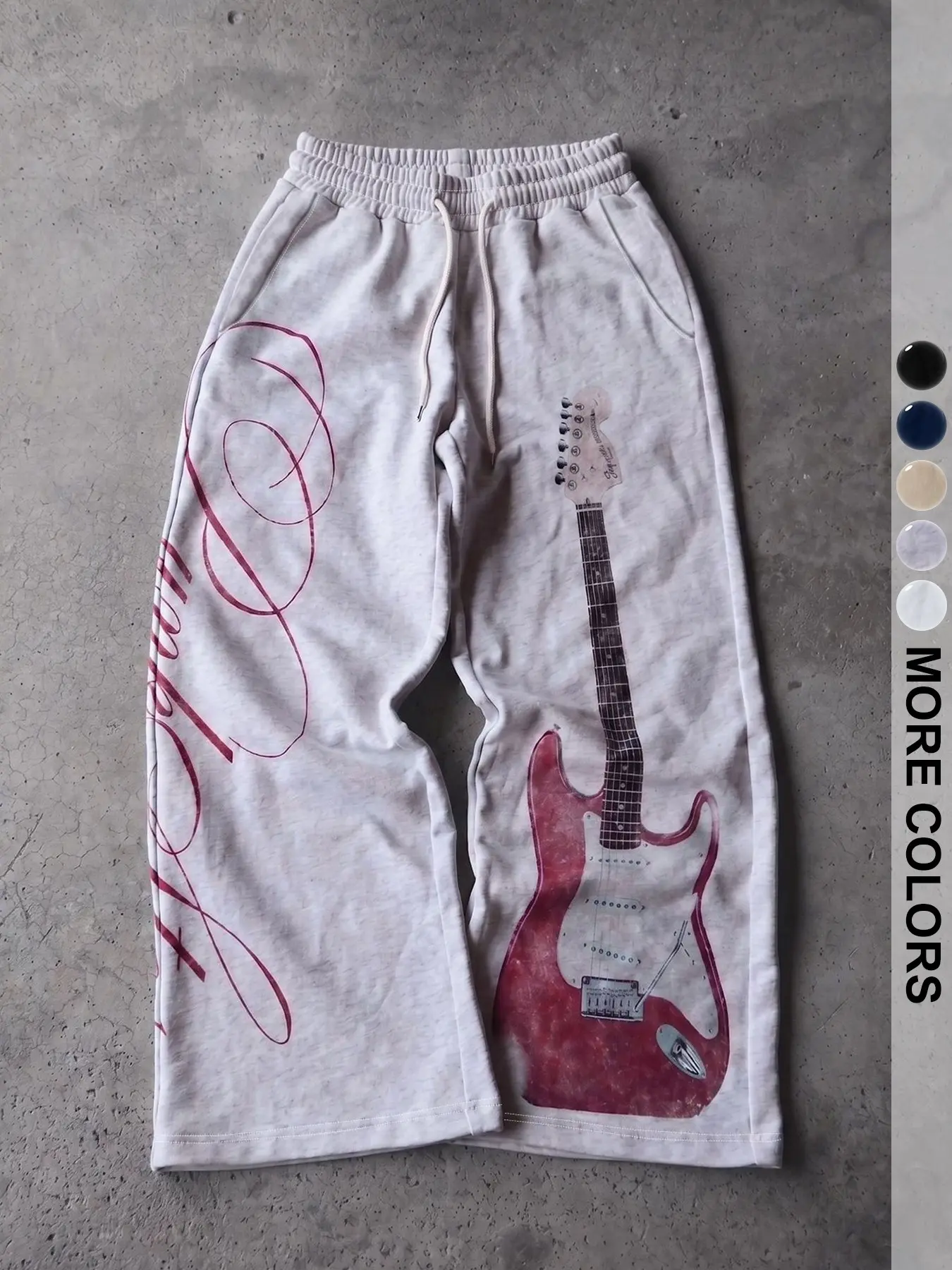 2026 Hit Niche Rock Print Men's Loose Jogger Pants, Solid Black Oversized Wide-Leg Sweatpants with Adjustable Drawstring Elastic Waistband, Vintage Distressed Pink Electric Guitar & Cursive Letter Printed Sports Trousers Available in Multiple Colors, 90s