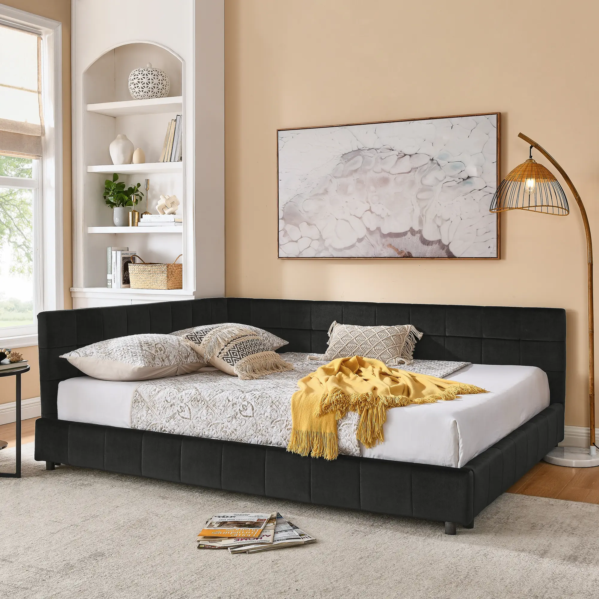 Black Velvet ARCH Queen Size Upholstered Tufted Daybed with Backrest & Armrests, Eucalyptus Wood Frame, No Box Spring Needed, Easy Assembly, 85.5x64.5x30.5in, for Bedroom & Living Room