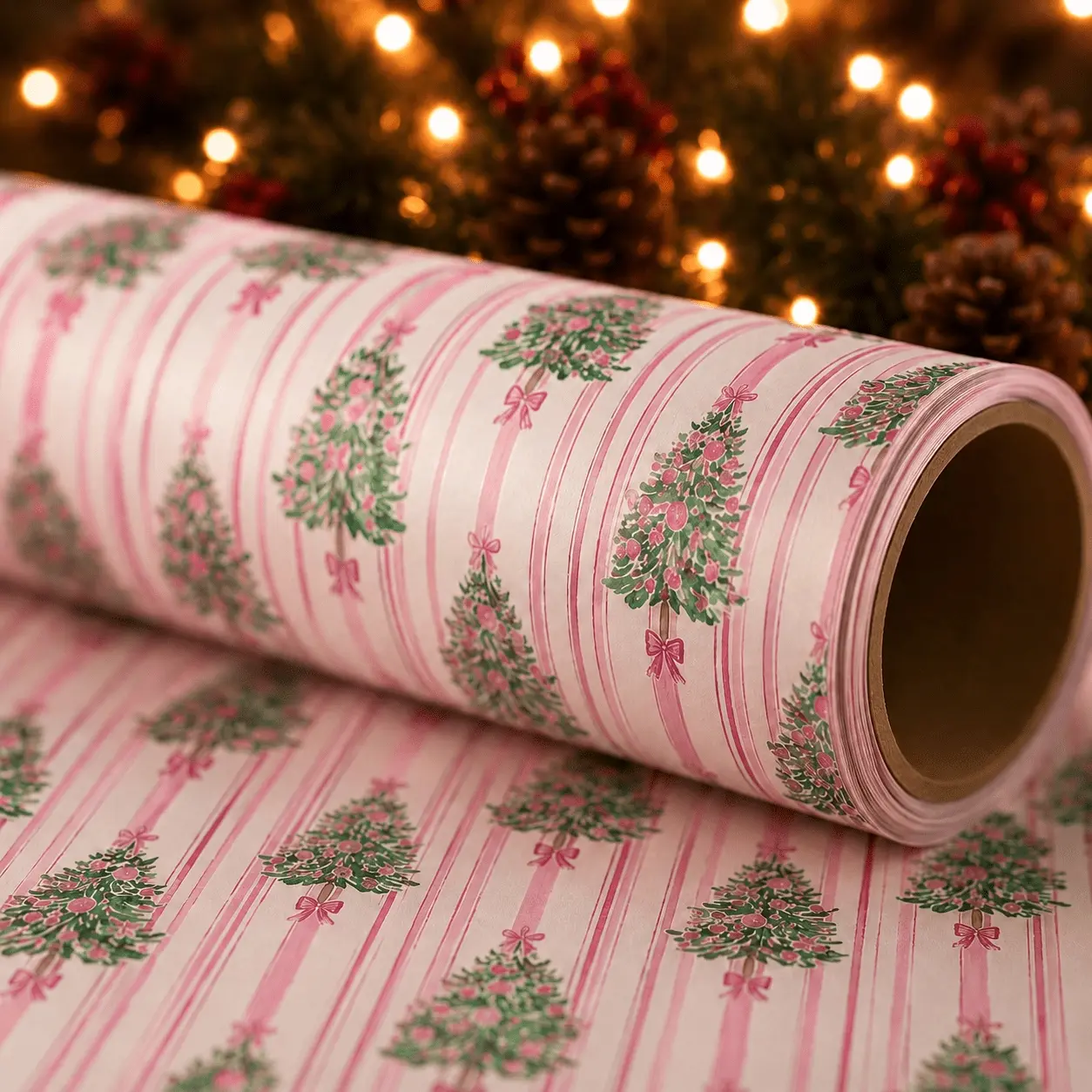 9.8FT Pink Christmas Wrapping Paper Roll, Vintage Christmas Tree Gift Wrap Paper with Bow Ribbon and Stripe Pattern, Holiday Wrapping Paper for Christmas Gifts, Party Decoration and DIY Crafts