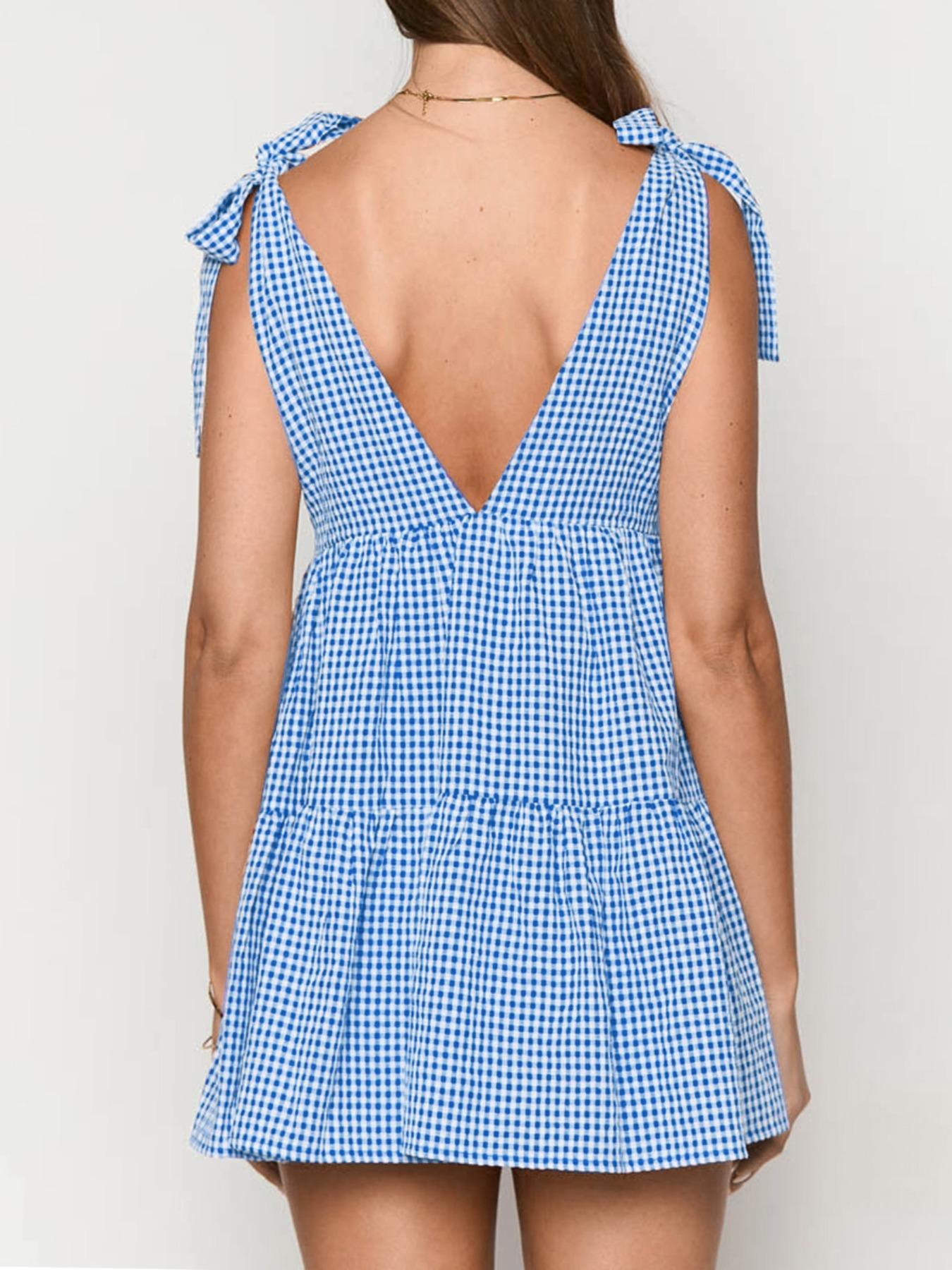 Women's Plaid Print Bow Decor Tie Shoulder Dress, Casual Fashion Gingham Dress for Daily Holiday Vacation Wear, Ladies Dress for Summer