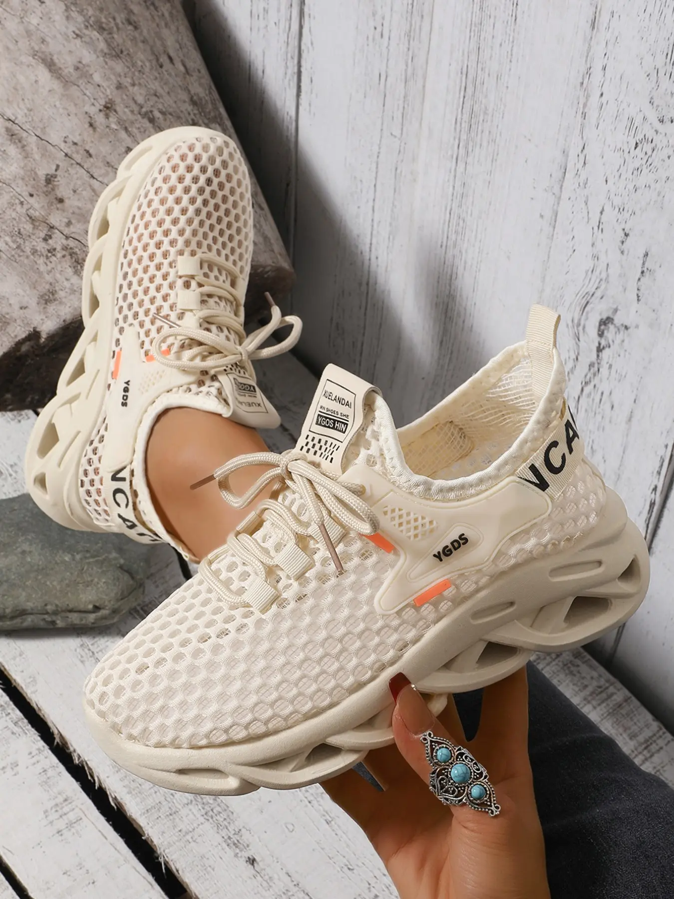 Women Hollow Mesh Chunky Sneakers, Letter Decor Lace Up Platform Casual Shoes, Round Toe Low Top Fashion Street Style Lightweight Daily Outdoor Travel Walking Footwear for Ladies