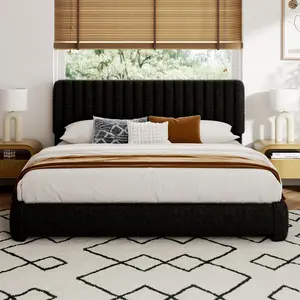 Full Queen King Size Boucle Bed Frame, Upholstered Cloud Platform Bed Frame with Adjustable Headboard, No Box Spring Needed, Noise Free Design, Easy Assembly, Black