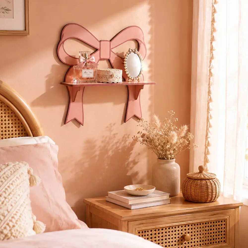 Bow Wood Wall Shelf, Cute Floating Display Rack for Bedroom Decor, Elegant Aesthetic Showcase for Perfume Jewelry Mini Mirror, Girl Room Storage, Space Saving Design, Wall Organizer Shelf