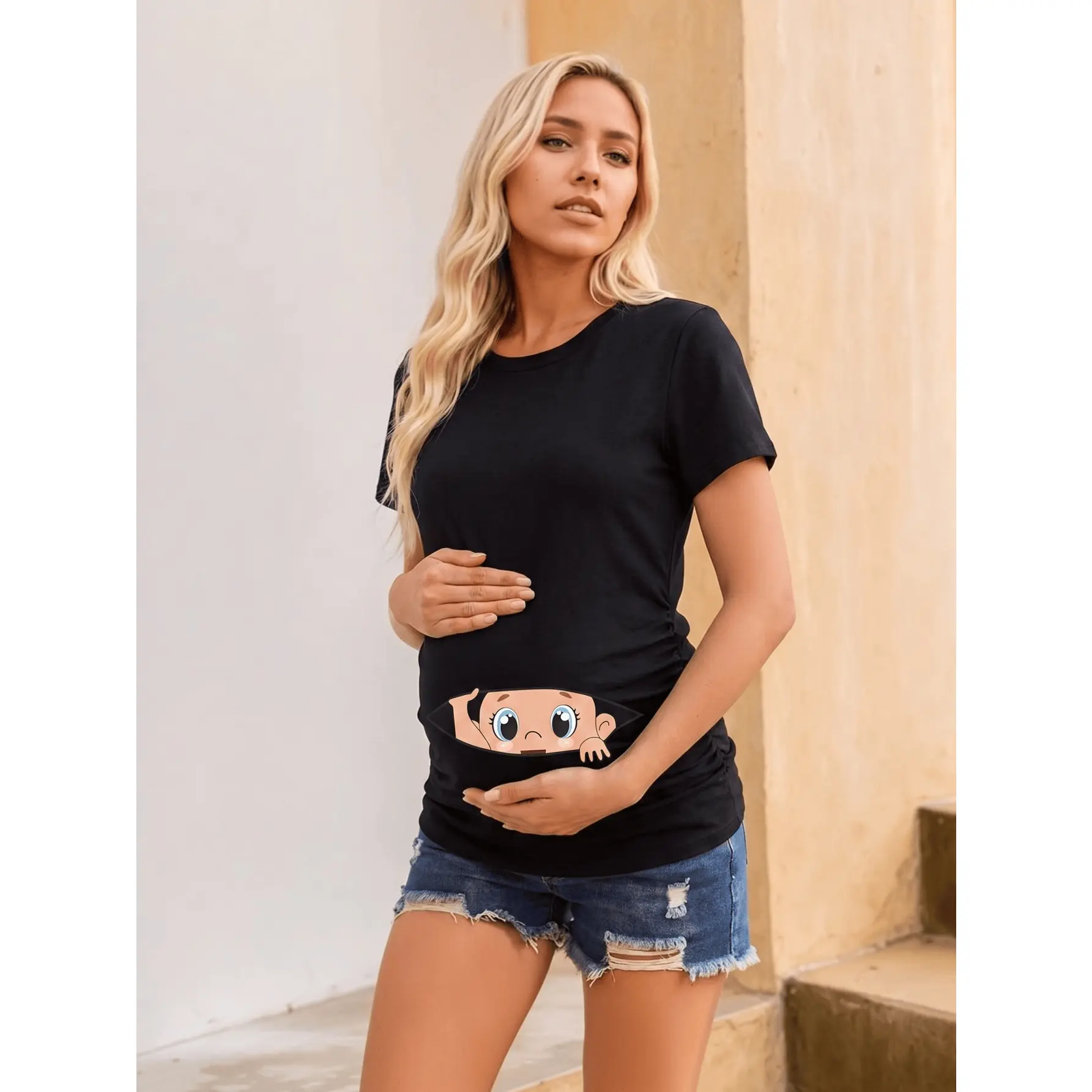 Women's Casual Black Short-Sleeve Crew Neck Maternity Graphic Tee - Pregnancy Top with Playful Baby Peeking Print, Modest Look Summer Maternity Clothing