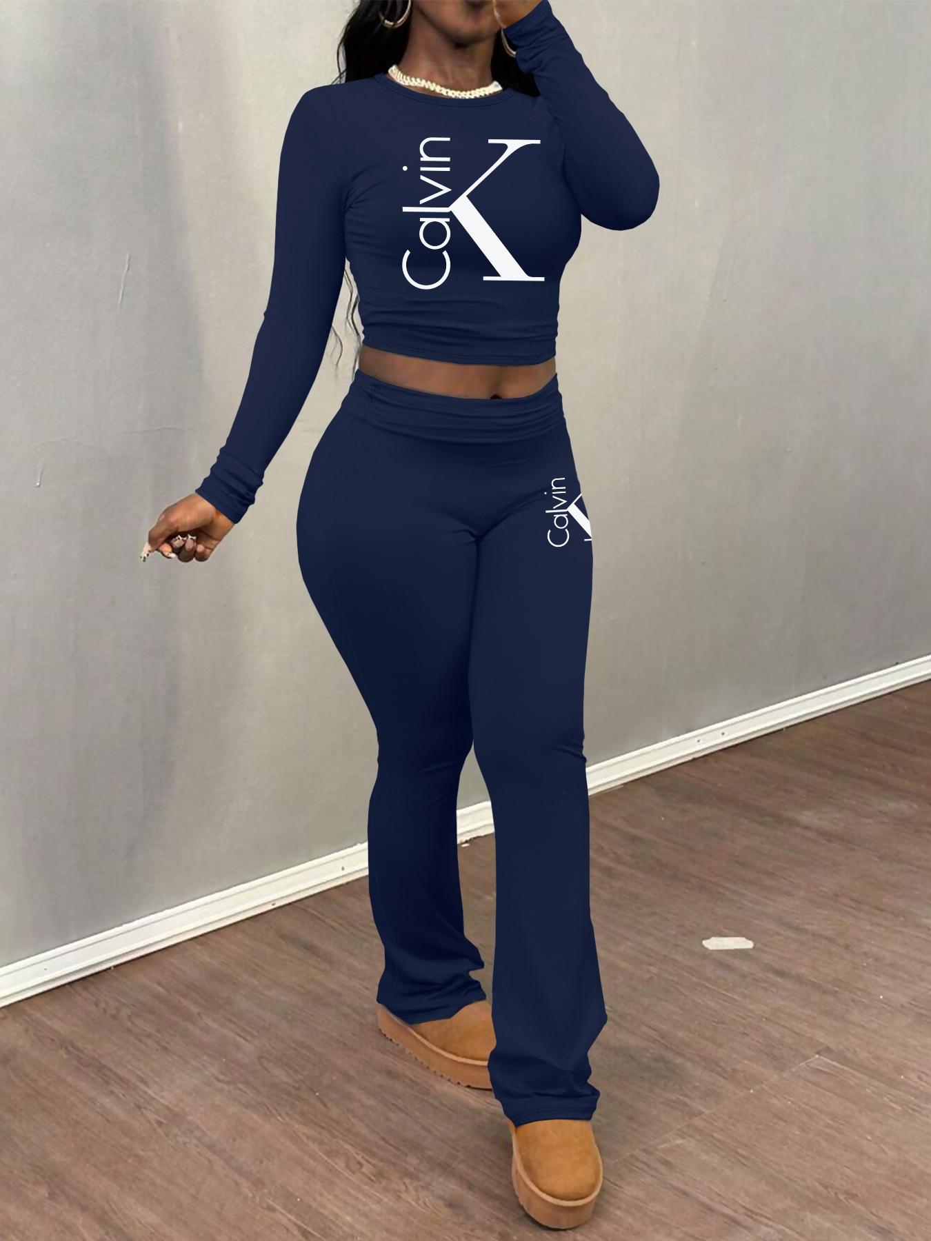 Cakvin Letter printing Women's Letter Print Long Sleeve Crop Tee & Plain Flare Leg Pants Two-Piece Set, Casual Fashion Cozy Round Neck Top & Bell Bottom Trousers for Daily Outdoor Wear, Women's Clothing for Fall & Winter