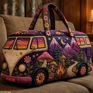 Women's Bohemian 3D Van-Print Quilted Travel Bag – Large-Capacity Gym Bag & Weekend Tote for Travel and Short Overnight Trips