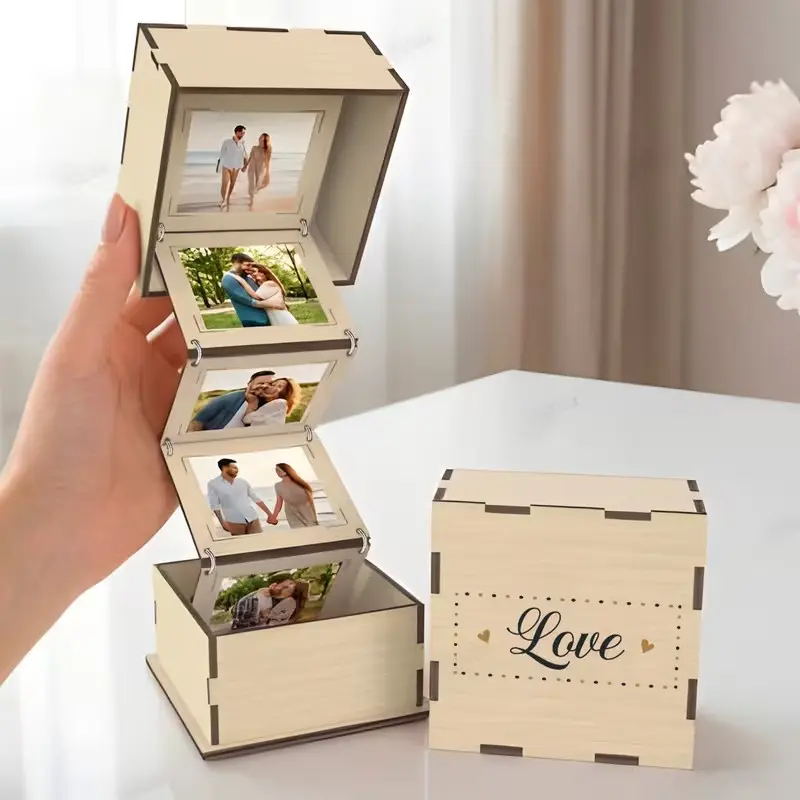 Wooden Photo Album Gift Box, Creative Wooden Flip-Top Storage Box Organiser, Vintage Party Wedding Gift, Perfect for Family and Friends, Lover