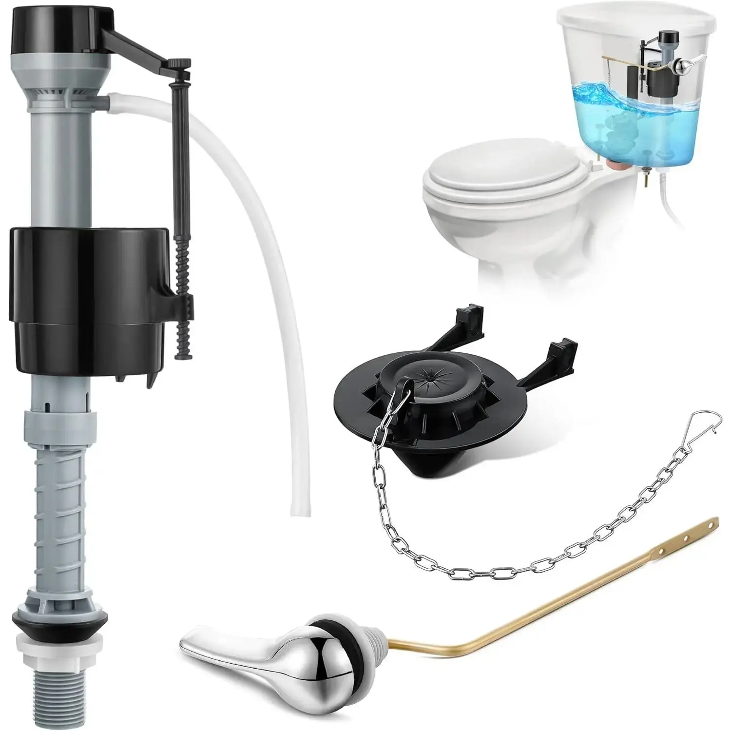 Universal Toilet Tank Replacement Kit,Include Toilet Fill Valve,2 Inch Low Flow Toilet Rubber Flapper,Side Mount Toilet Flush Brass Handle(Dark Grey, Black,1 Set),Hand Tools Kits