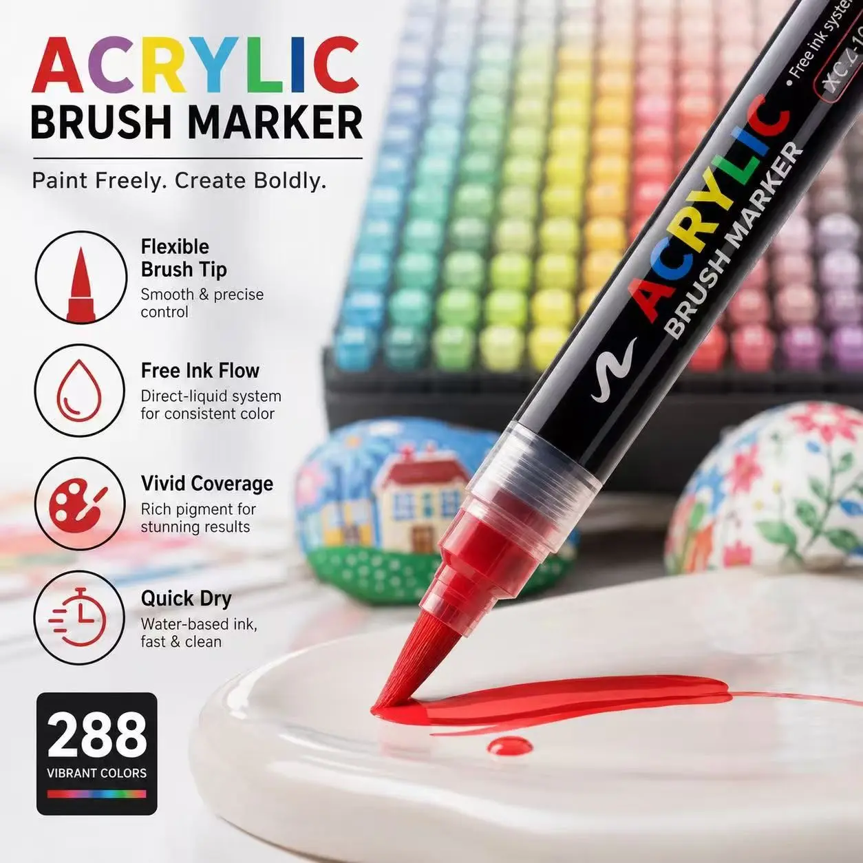 288 Colors Liquid Acrylic Markers Set, Water-Based Fast-Drying Soft Brush Tips, Ideal for Stone, Glass, Wood, Canvas, Ceramic DIY Art