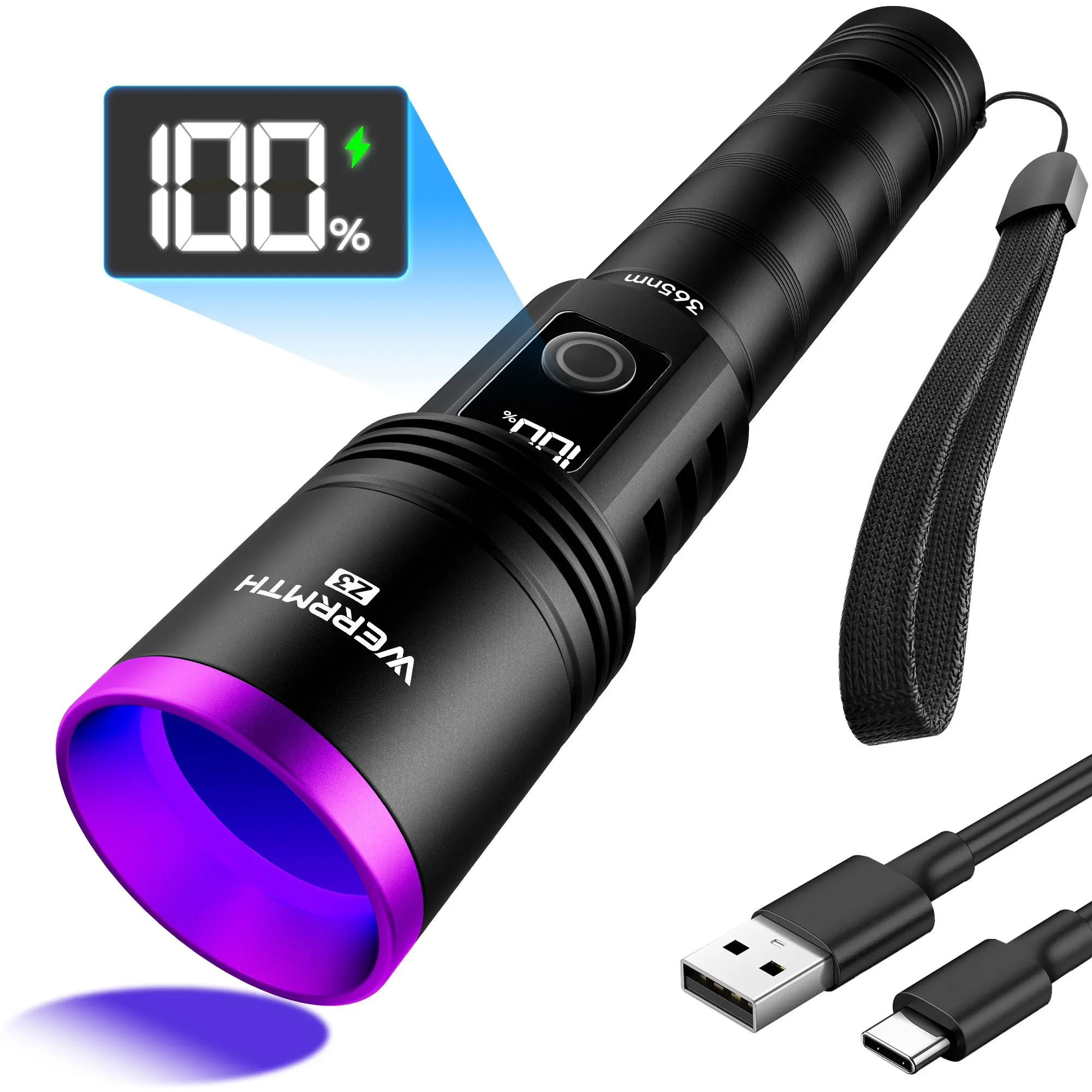 365nm UV Flashlight, Portable, USB-C Rechargeable, Waterproof, Digital Display, Filter Lens, Pet Urine Detection, Resin Curing, Scorpion Hunting