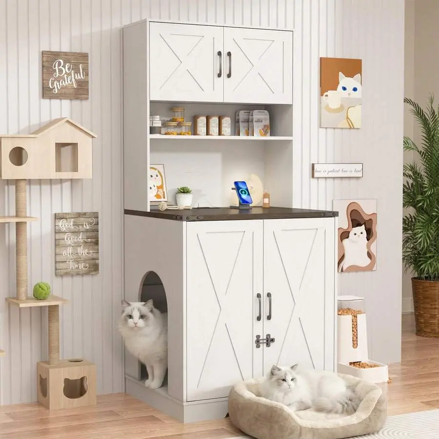 71" Wooden Litter Box Enclosure - Hidden Cabinet With Power Outlets & Lock, Open Shelves Living Room/Bedroom