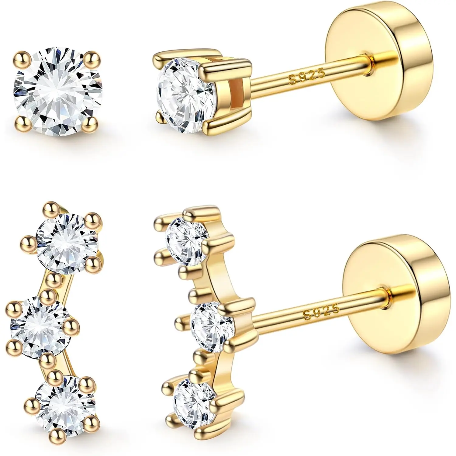 2 Pairs 925 Sterling Silver Flat Back Earrings for Women, Dainty CZ Cartilage Studs, Small Helix Earrings for Multiple Piercings
