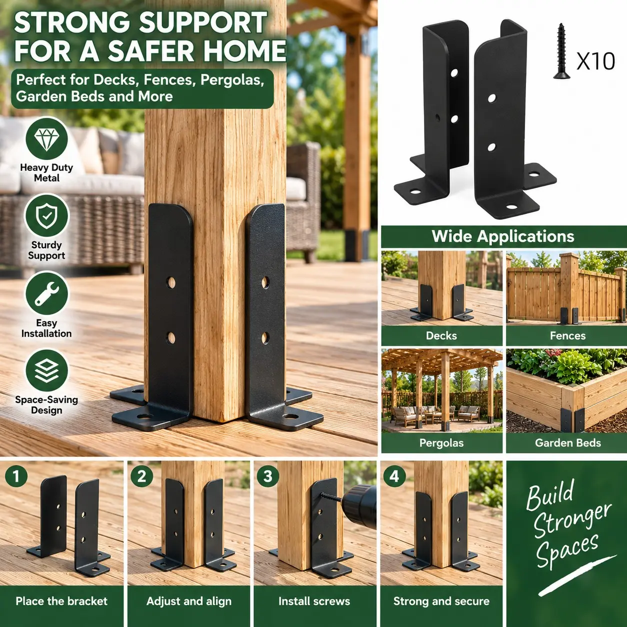 2Pcs Deck Post Anchor Brackets with 10 Screws, Heavy Duty Metal Post Supports for Wood Fences, Pergolas & Decks, Adjustable Space-Saving Design, Easy Installation