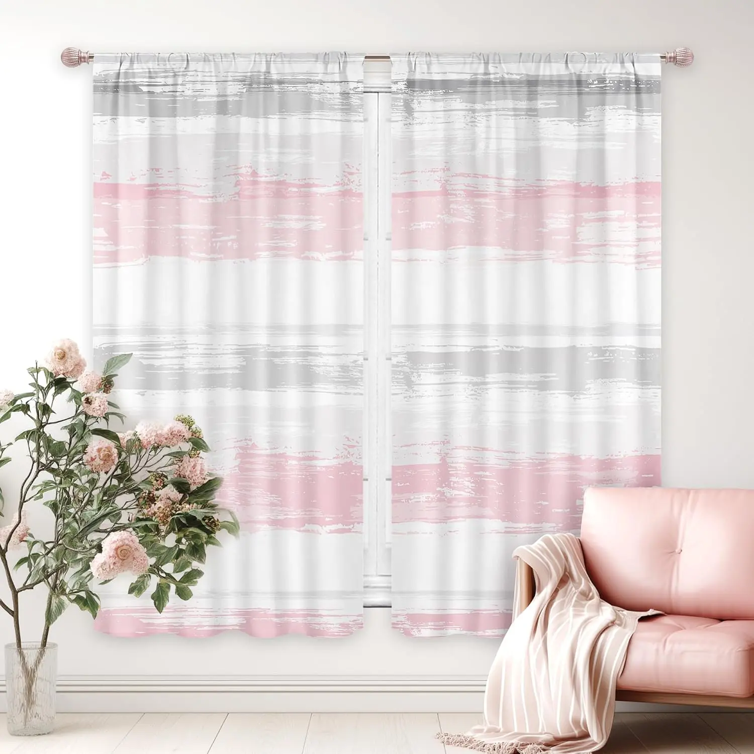 Grey  Abstract Painting Lines Curtains 42Wx63H Inch Rod Pocket Modern Contemporary Geometry Art Printed Woman Girls Kitchen Dining Living Room Bedroom Window Drapes  2 Panels