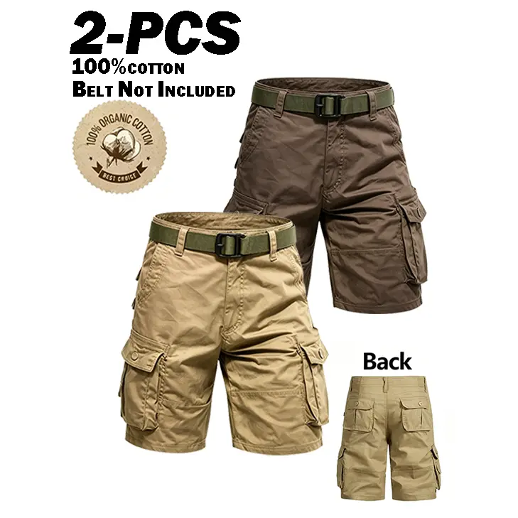 2-PCS100% Cotton Men's Cargo Shorts, 2 Packs Casual Multi-Pocket Work Shorts, Loose Fit Breathable Outdoor Tactical Shorts for Daily Wear, Hiking Travel Summer Bottoms, Durable Soft Organic Cotton Knee Length Short Pants with Large Side Pockets