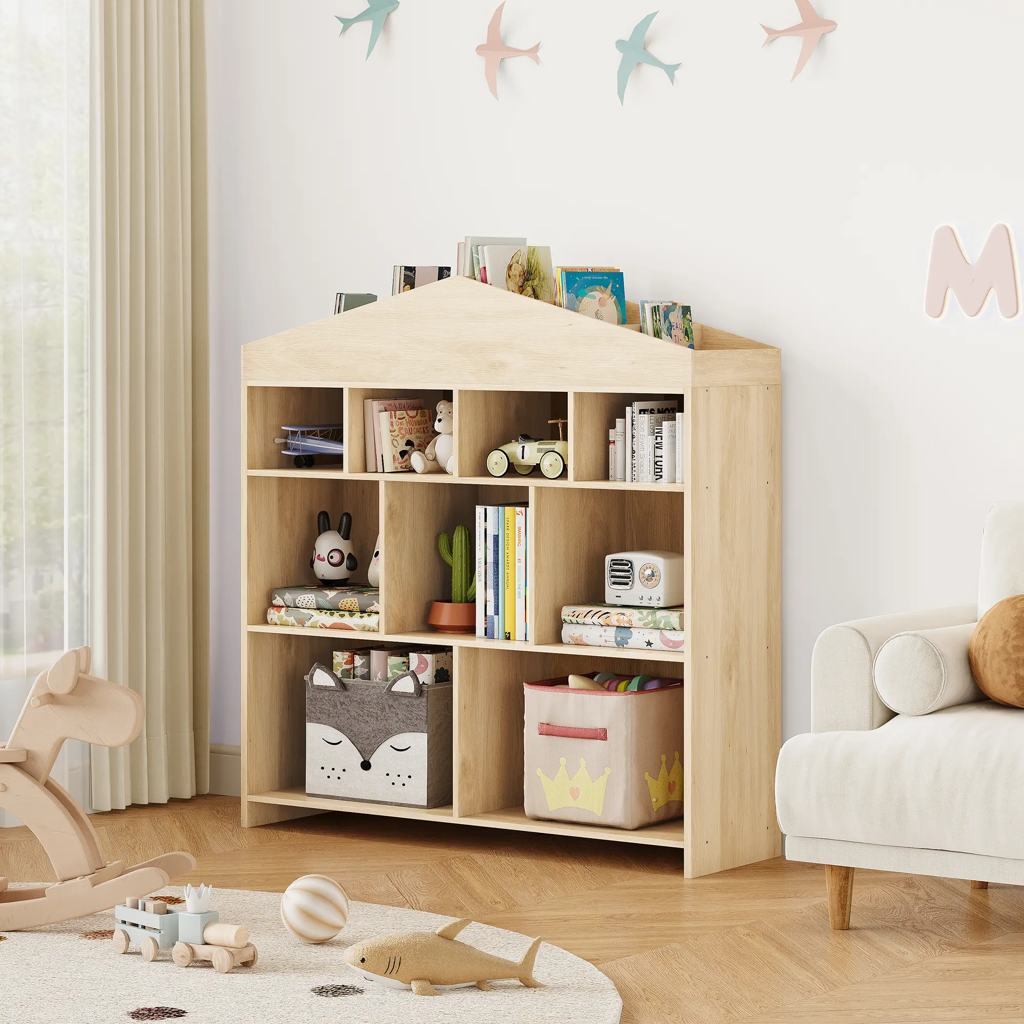 Garvee Bookshelf, 4 Tier  Storage with 9 Cube Compartments & Open Shelves, Roof-Shaped  Bookcase