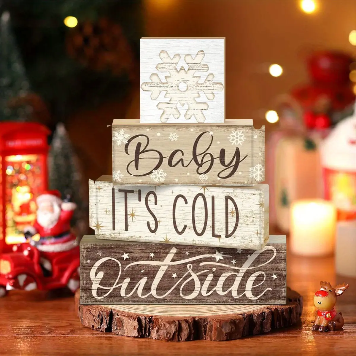 Set of 4 Rustic Farmhouse Christmas Table Centerpieces, including nativity scene and gingerbread man signs. Tiered tray decor, nativity figurines, gingerbread ornaments for mantel and tabletop, easy to assemble for home kitchen.