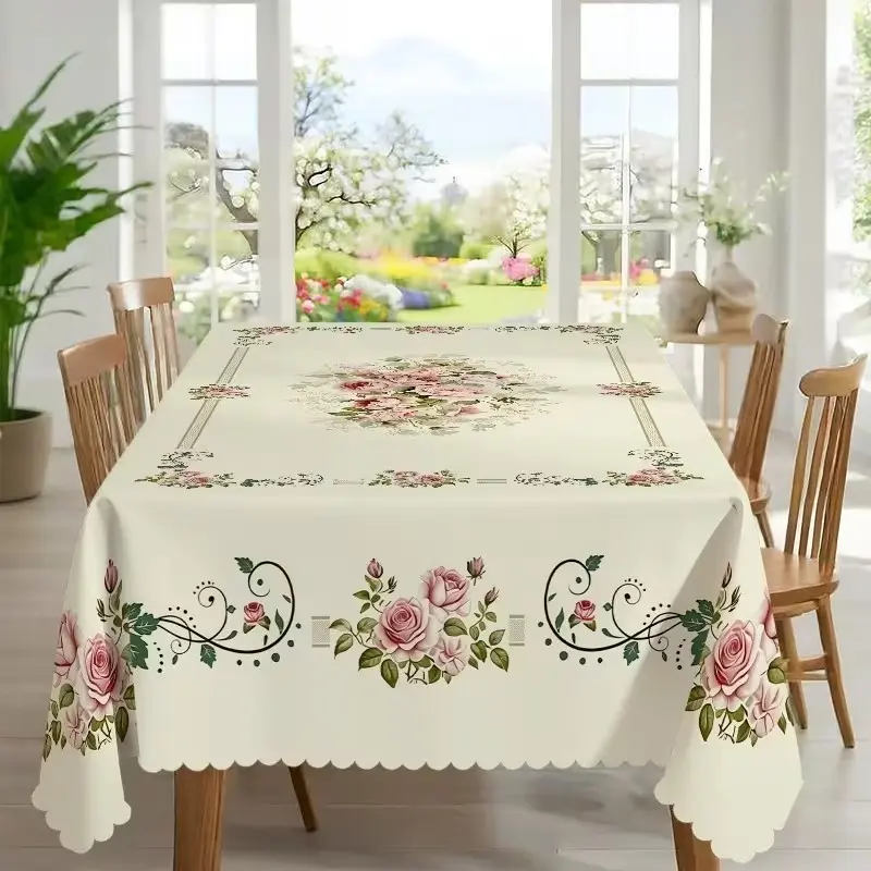 2D Flat Party Tablecloth, French Rose Theme, Vintage Cream Color Lace Design, Elegant Floral Pattern, Durable Rectangular Tablecloth