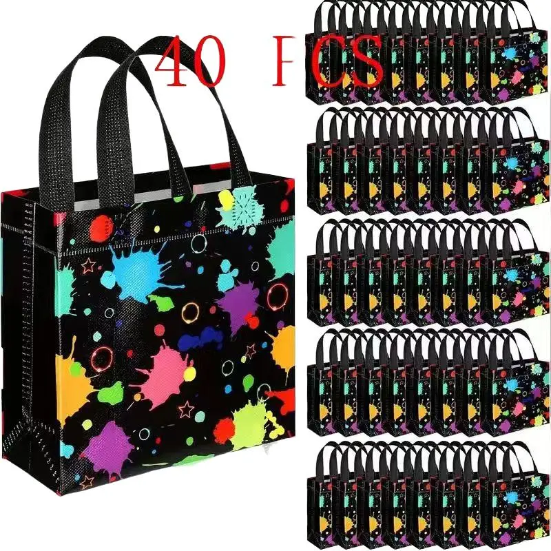 Neon Glow-In-The-Dark Party Gift Bags, 40-Pack with Handles, Fabric & Colorful Splatter Design, Perfect for Festive Events