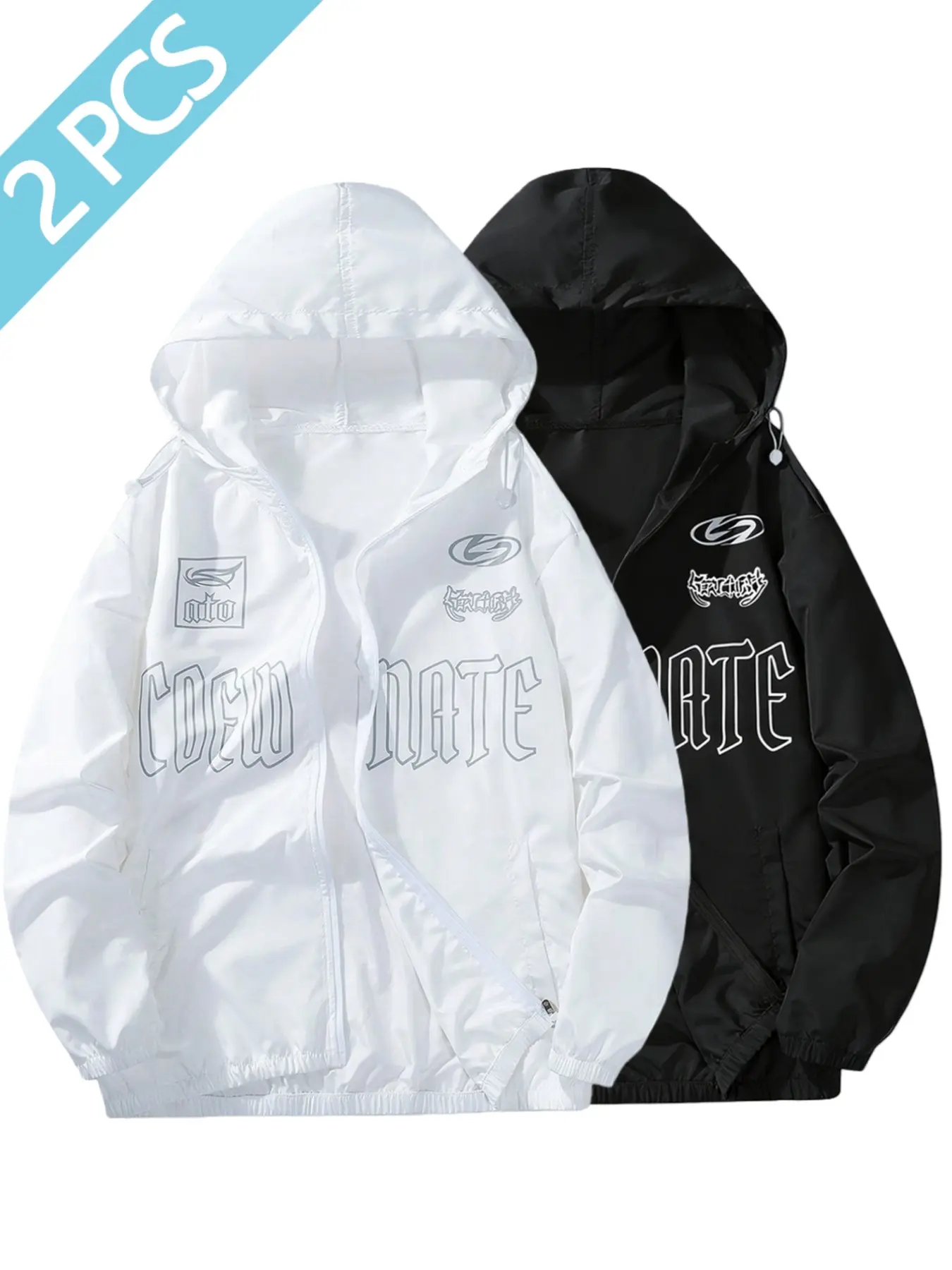 2pcs Vintage Letter Hooded Jacket, Couples Loose Fit Long Sleeve Outerwear, Colorblock Casual Style for All Seasons