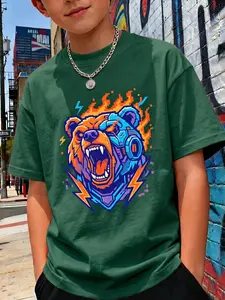 Teen Boys Mechanical Cyber Bear Lightning Flame Graphic Crew Neck Tee, Micro Elastic Soft Forest Green Short Sleeve T-Shirt, Loose Oversize Top for School Daily Street Hangout, Viral 2026 Teen Cyberpunk Streetwear Trend