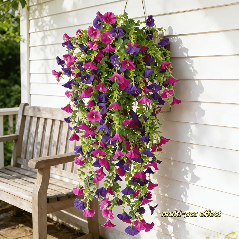 Artificial trailing morning glories features simulated trailing plants with green foliage. purple-pink artificial trailing vine wreath is suitable for both outdoor and indoor decoration. Perfect for gardens, patios, porches,