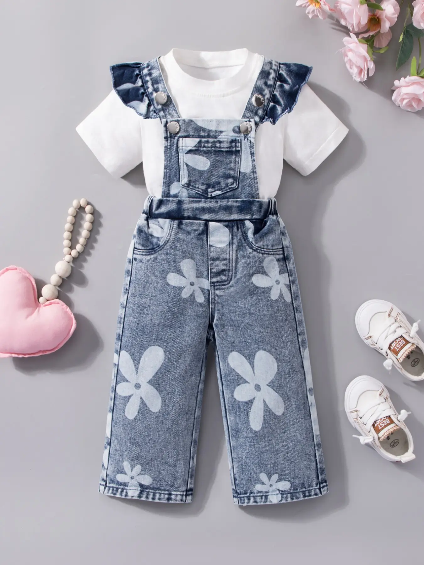 Baby Girl Denim Overalls Set, 2Pcs 6M-3T Short Sleeve T-shirt + Floral Printed Washed Blue Denim Jumpsuit Casual Outfit, Toddler Overalls