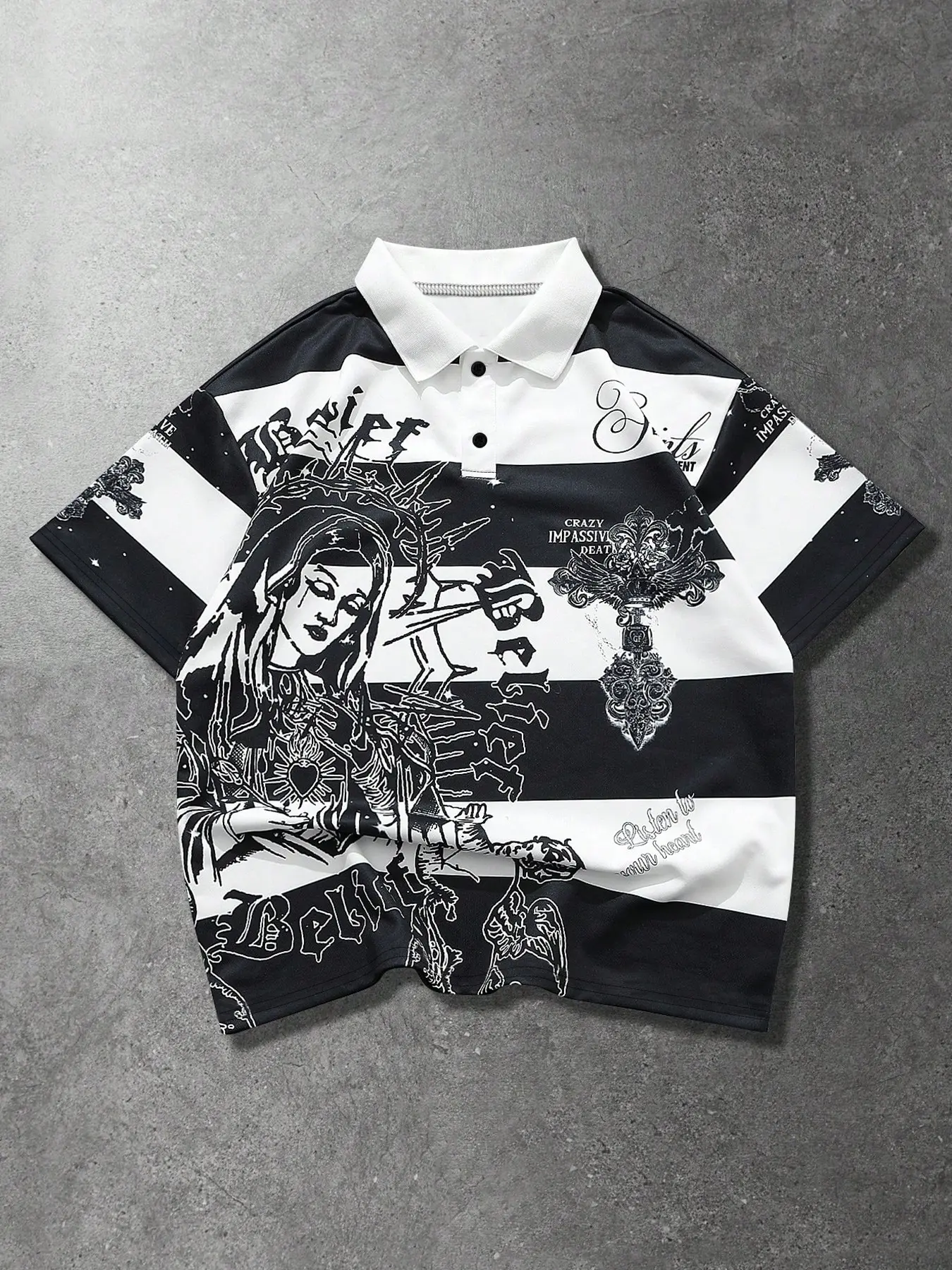 Dark Gothic Striped Polo T-Shirt, Men's Oversized Loose Fit, Street Style Religious Print, Breathable Quick-Dry Summer Top