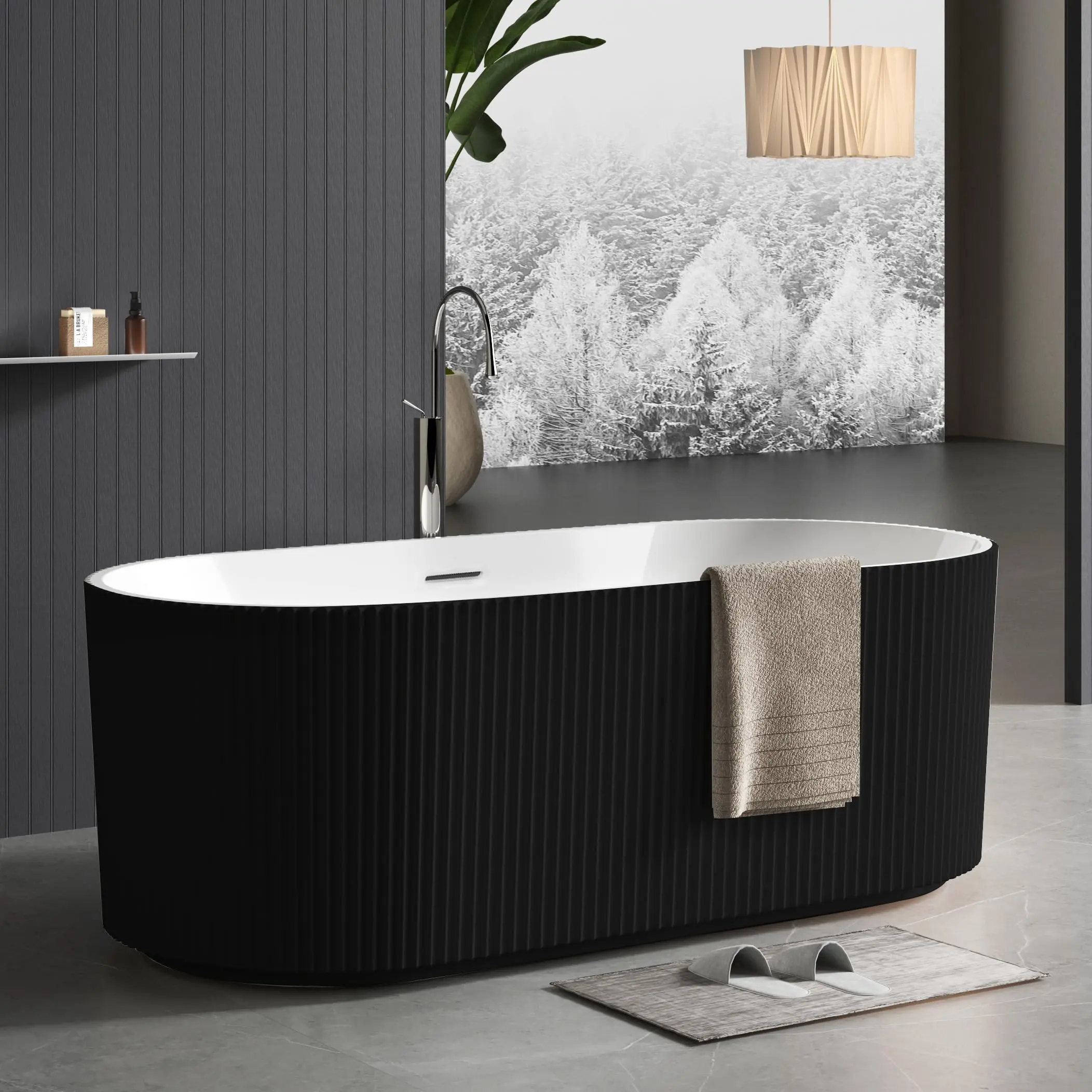 Deep Soaking Acrylic Freestanding Bathtub – 67 Inch Stand Alone Tub with Textured Stripe Design, Glossy White Finish, Pop-Up Drain & Overflow, Modern Bath for Contemporary Bathrooms