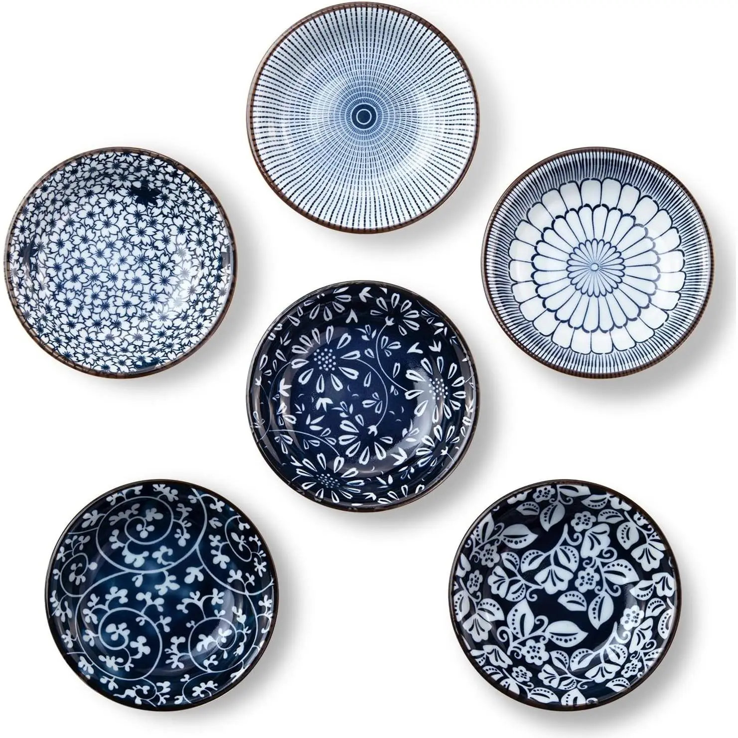 Dipping Bowls, Soy Sauce Dish Ceramic, 3 OZ Small Serving Bowls for Side Dishes  Blue Stylish Design, Set of 6 Mini Appetizer Plates for Condiment Sushi Ketchup BBQ Party, 4 Inch