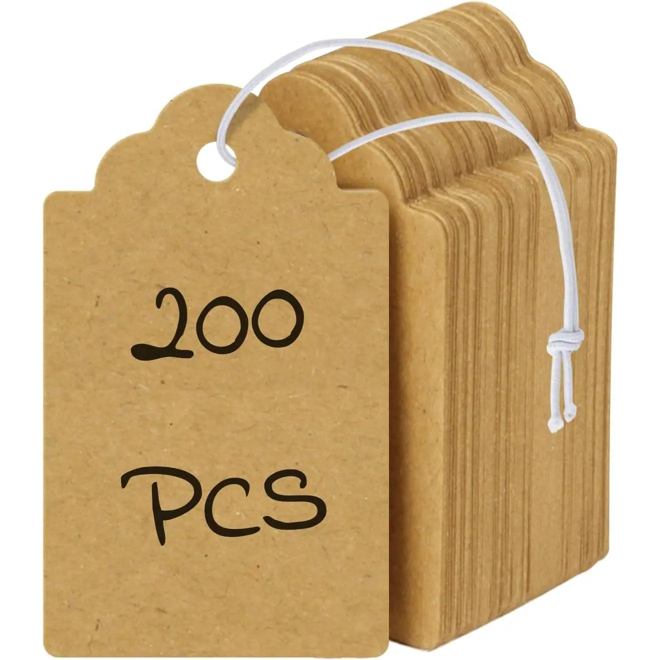 200 count  Price Tags with Elastic String Attached Writable Brown  Paper Tag Hang Tags for Pricing Clothing  Price Display Labels Blank Merchandise Marking Tag, 1.8" x 1"