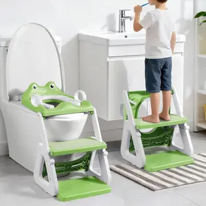 Frog Potty Training Seat, Toddler Toilet Seat with Step Stool Ladder, 2-in-1 Potty Training Toilet Essentials for Boys Girls, Adjustable Height, Non-Slip Step and Splash Guard Design, Green