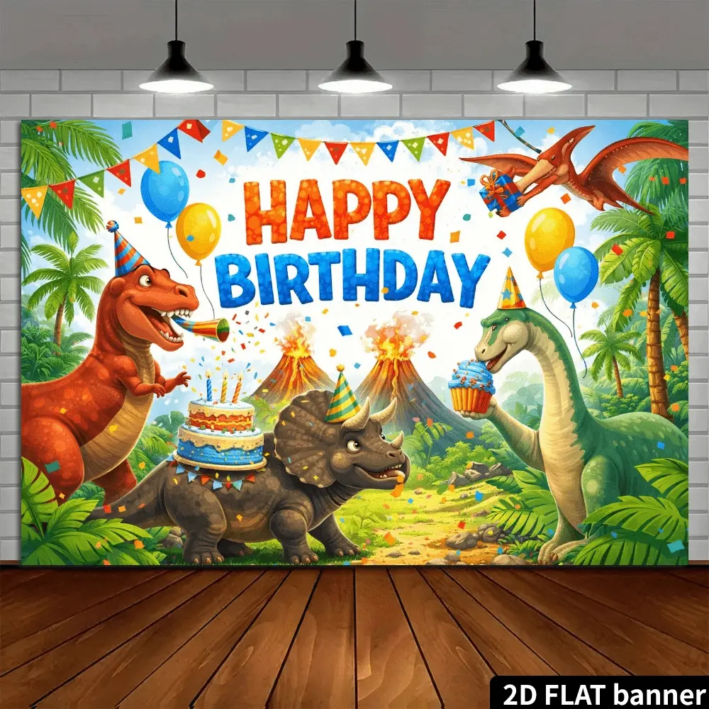 A 2D Dinosaur-Themed Birthday Party Backdrop, Happy Birthday Backdrop, Dinosaur Birthday Decorations, Featuring Cartoon T-Rex, Triceratops in a Volcanic Jungle Scene, Complete with Colorful Flags, Balloons, Cakes, Gift Elements. Made of Durable Polyester