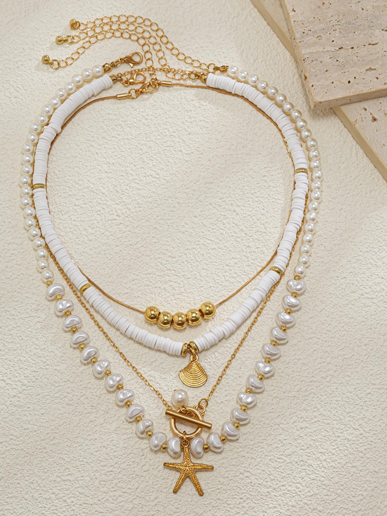 4-piece Boho Style Faux Pearl & Starfish & Shell Decor Necklace, Fashion Summer Style Jewelry for Party, Daily Clothing Decor, Trendy All-match & Exquisite Jewelry for Birthday Gift, Trendy Charms Necklace, Beaded Necklace, Daily Wear Necklace