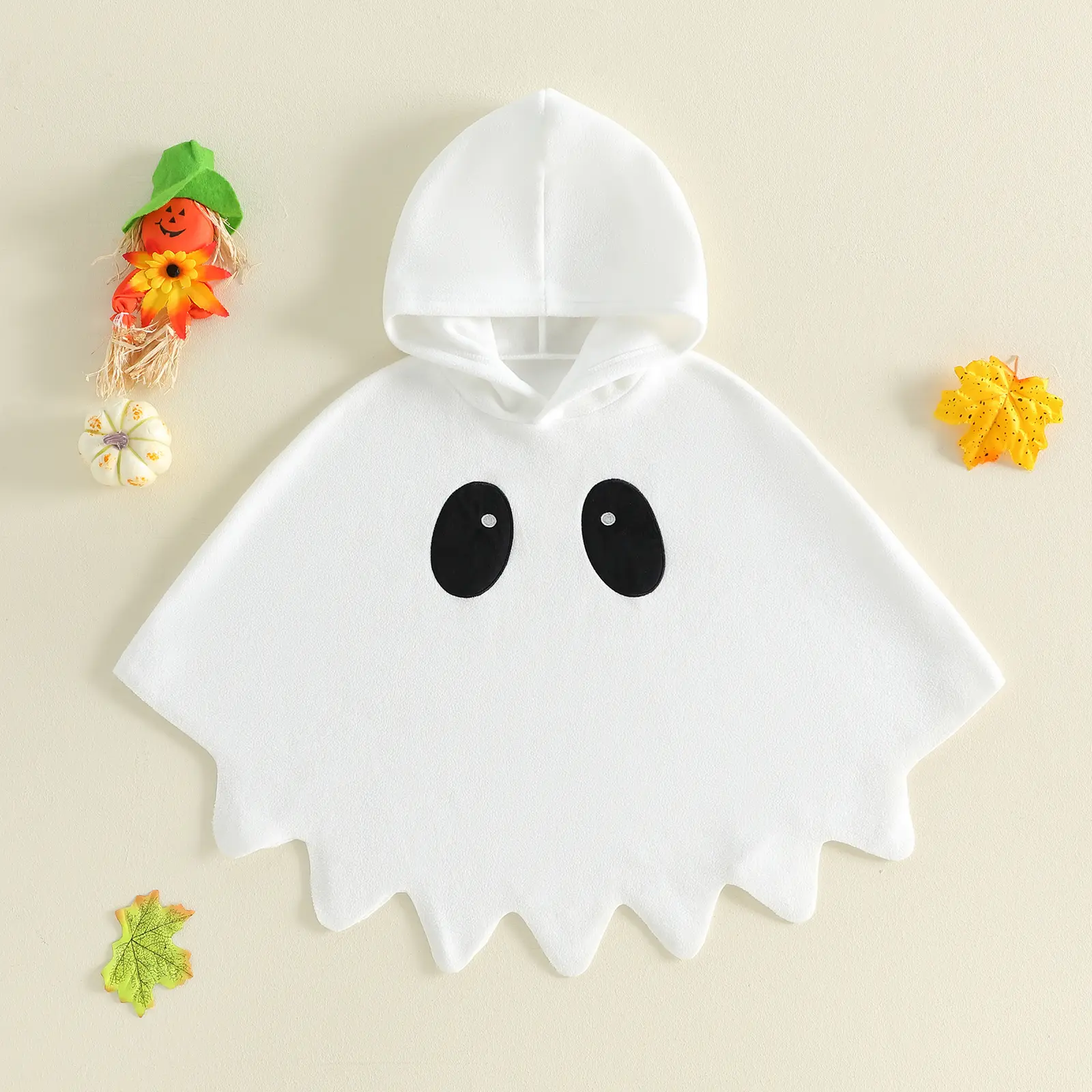 Meihuida Infant Baby Boy Girl Ghost Hooded Fleece Poncho Jagged Hem Ghost Face Patch Cape Unisex Toddler Halloween Cosplay Costume