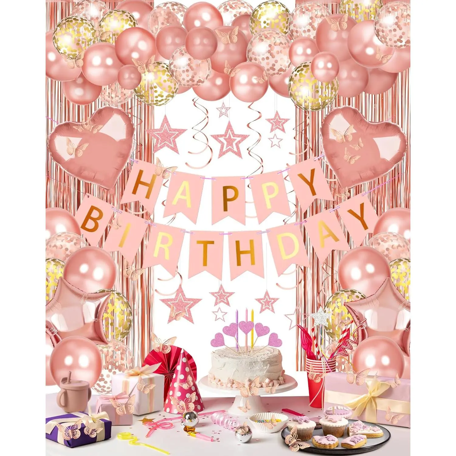 Rose  Happy Birthday Party Decorations, Happy Birthday Banner, Rose  Foil Heart  Confetti Balloons Curtain Backdrop  Swirls Party Decor for Girls Women Princess