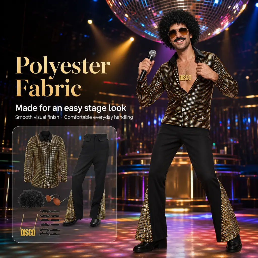 Men's 70s Disco Costume Set - Adult Retro Gold Sequin Long-Sleeve Shirt, Flared Pants with Wig, Sunglasses, Mustache, Necklace for Halloween, Themed Parties