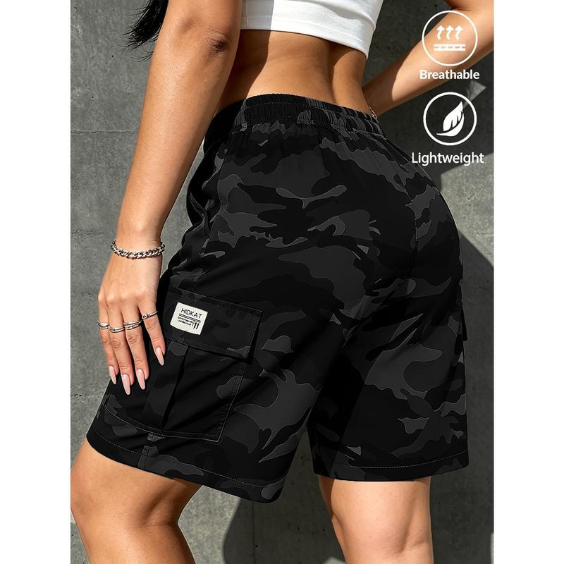 Women’s Fitted Polyester Camouflage Cargo Bermuda Drawstring Waistband Shorts - Pack of 3, Flap Pockets, Lightweight Breathable Fabric, Machine Washable, for Gym & Summer Outdoor Use