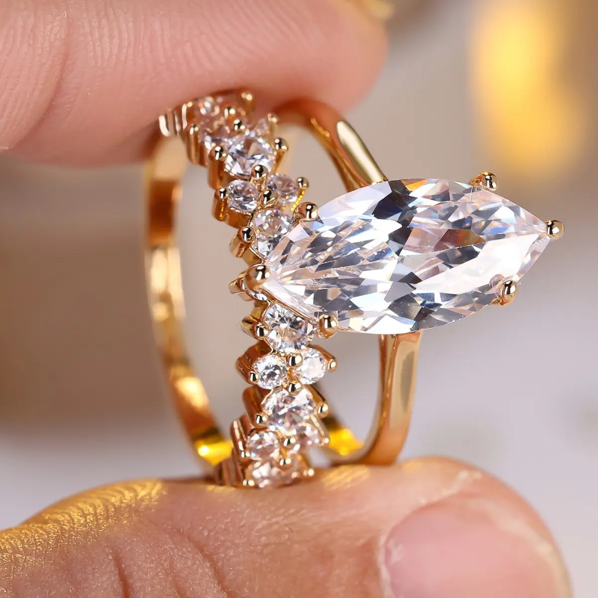 Women's Gold-Plated Copper Marquise CZ Split-Shank Ring - Double-Band Gradient Cluster Zircon Engagement Promise Wedding Jewelry Gift, Dainty, Women's Fashion, Engagement Rings, Marquise Cut Rings