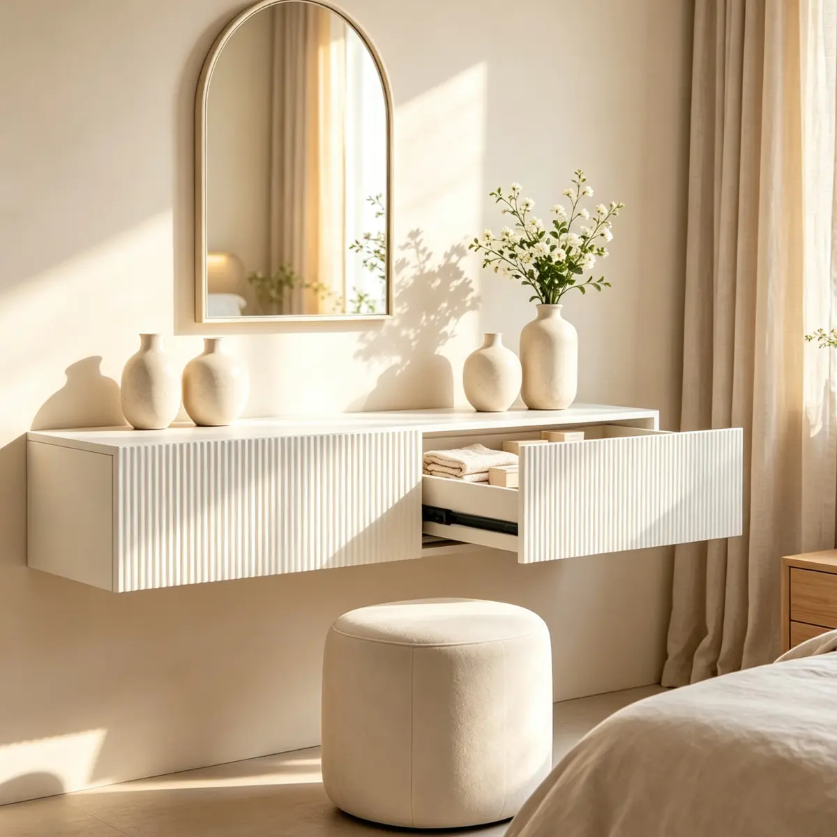 Wall Mounted Fluted Floating Makeup Vanity Cabinet, Cream White Floating Dresser with Storage Drawers, Modern Bedroom Makeup Desk