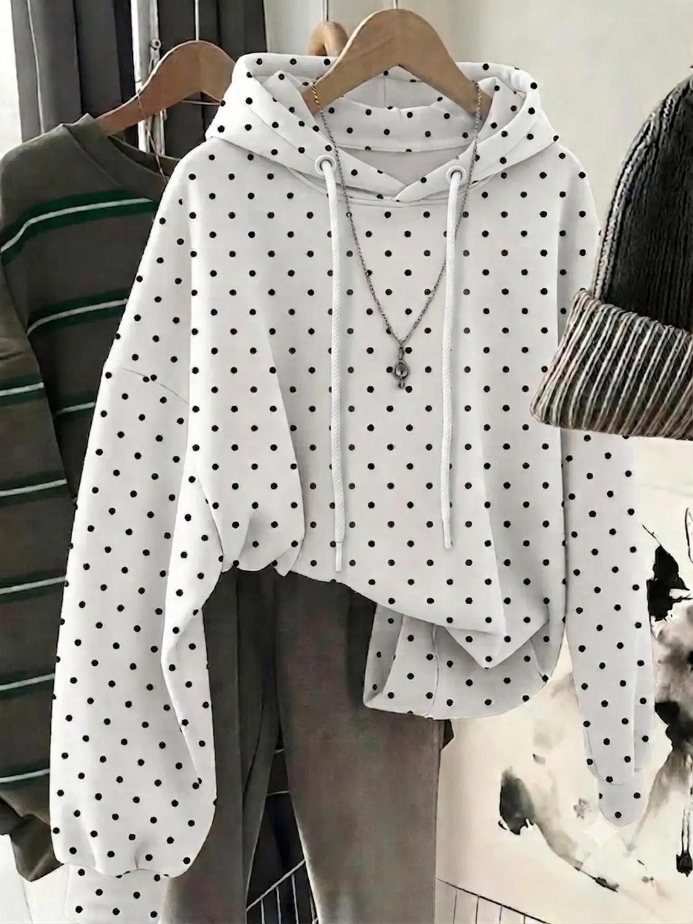 White Polka Dot Hooded Sweatshirt, Drawstring Drop Shoulder Loose Cropped Hoodie, Soft Lightweight Casual Fabric, Relaxed Oversized Fit, Trendy Retro Streetwear, Chic Versatile Layering Top For Women Daily Going-Out Casual Stylish Look