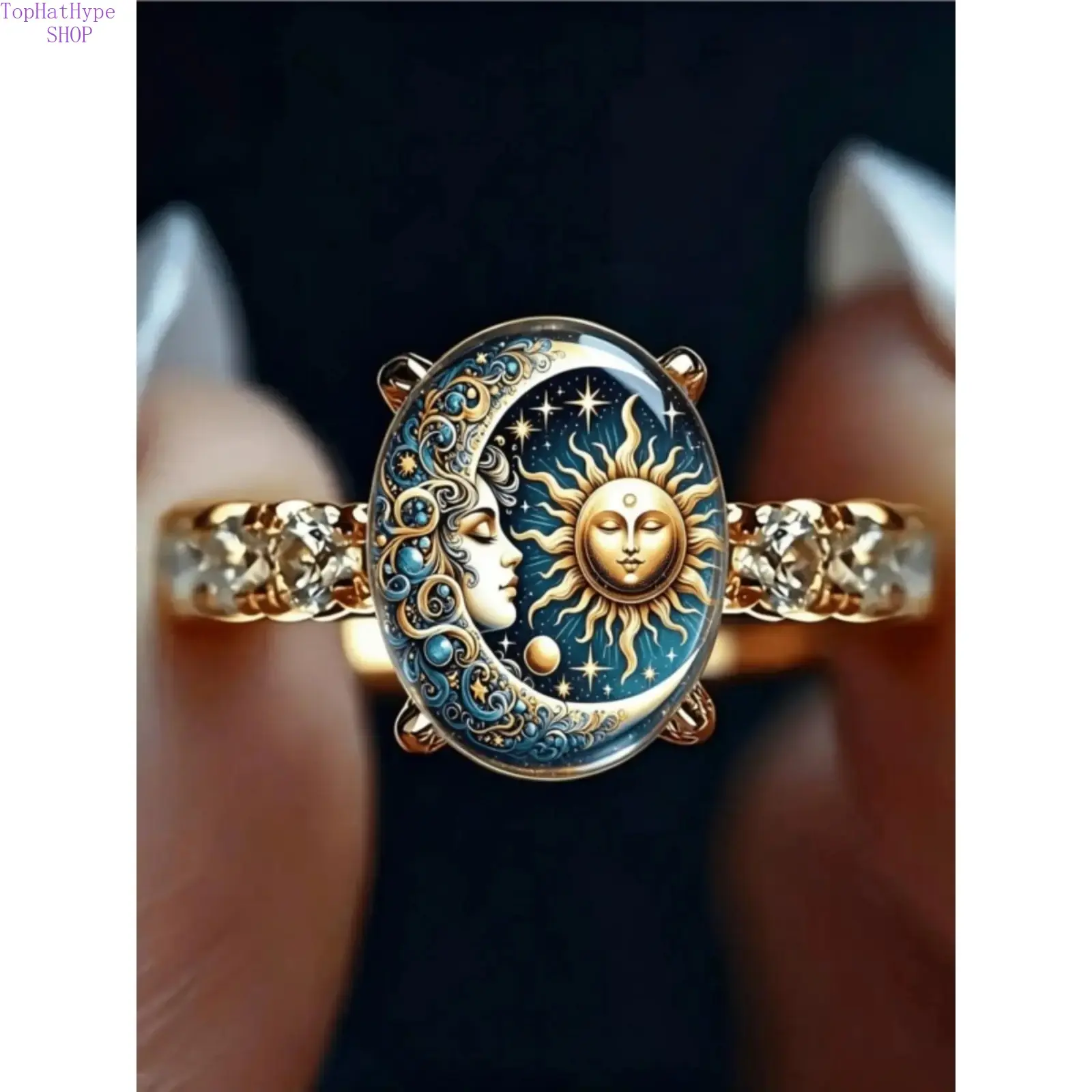 Women's Light Luxury Gold-Plated Diamond-Encrusted Sun-Moon-Stars & Human Face Art Print Ring - Mysterious Retro Astrology Style, Elegant Small Exquisite Costume Jewelry, Ideal for Gifting & Commuting