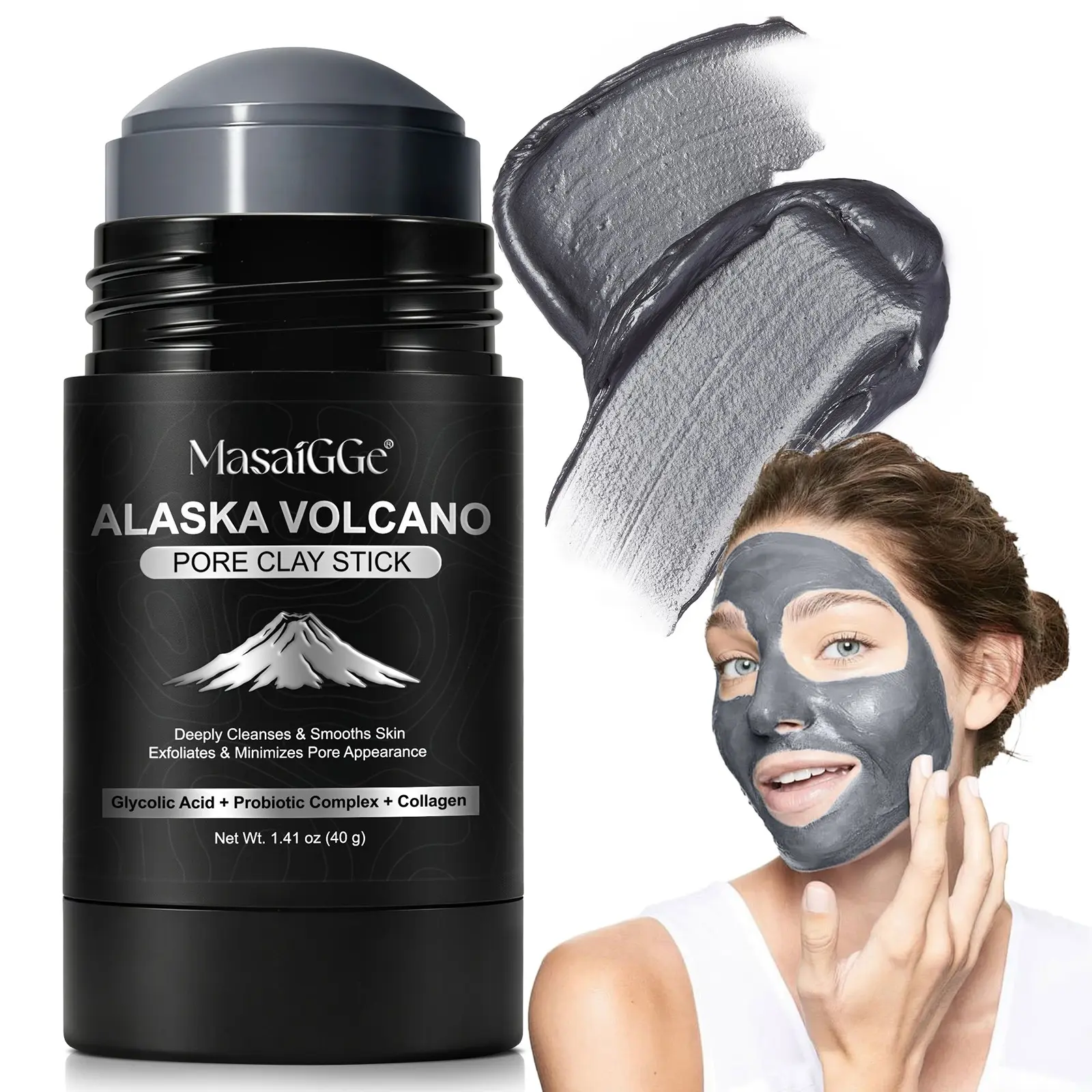 Masaigge Volcanic Mud Clay Mask Stick 40g, Cleans Pores, Pore Detox, Shrinks Pores, Non-Tightening, Purifying Face Mask, Skincare Mask, Ideal for Deep Cleaning